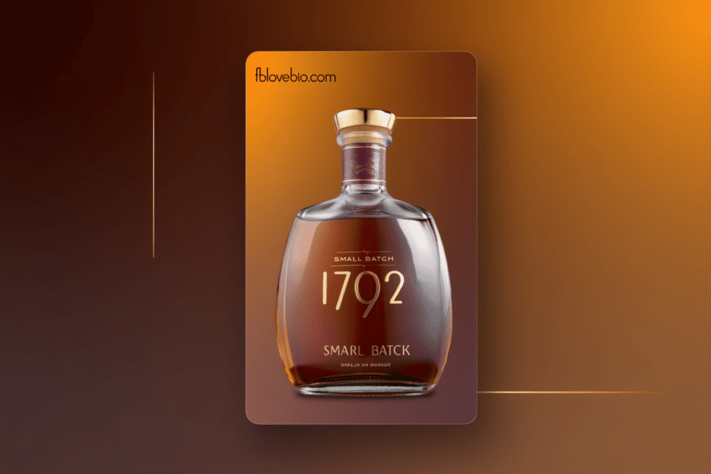 Whiskey bottle of 1792 Small Batch Bourbon with a background of oak barrels.
