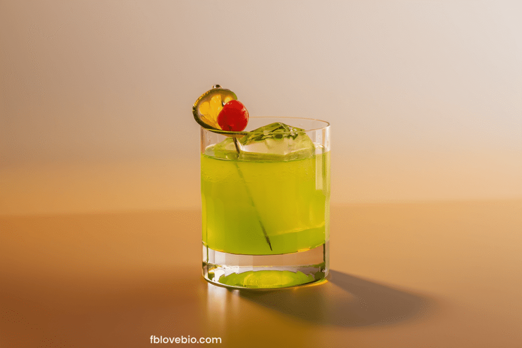Pouring Midori Liqueur into Glass
